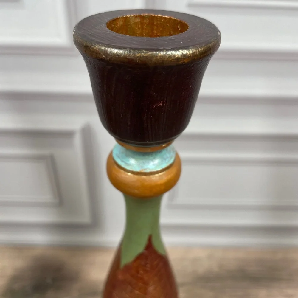 Wood Candlestick Holders Gold Leaf Green Brown Blue Artisan Handcrafted Set of 2
